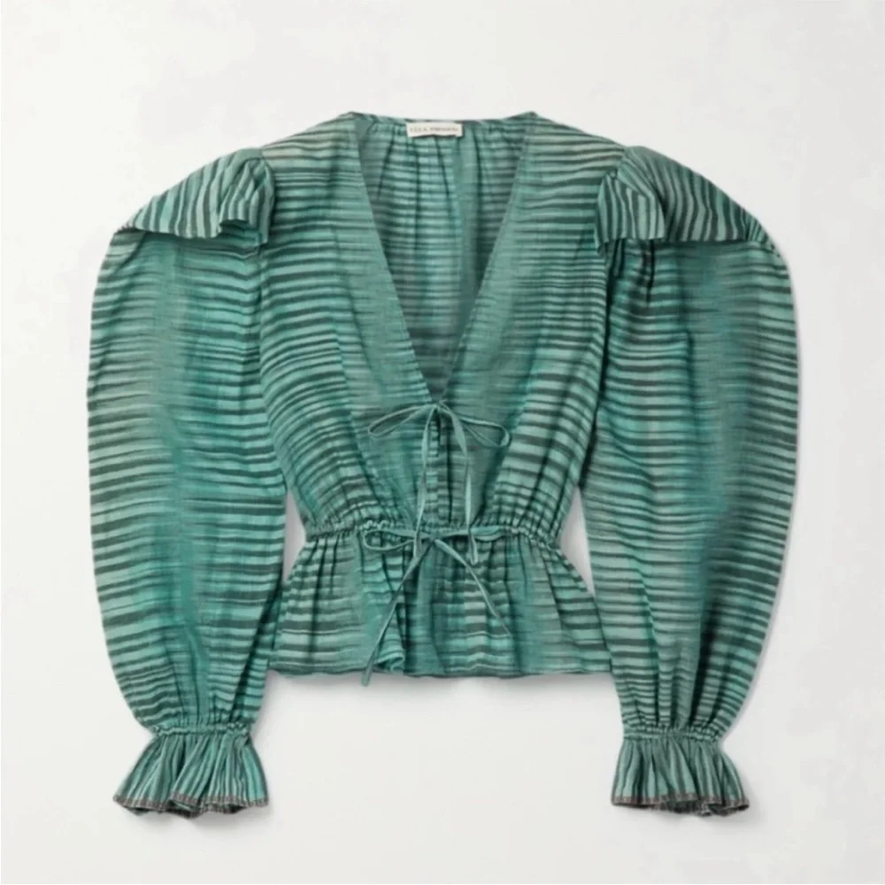 Ulla Johnson Ophelia Cotton Voile Peplum Blouse Teal/ Green Stripe sz 6